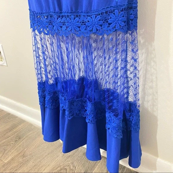 New Bell Sleeve Mesh Fit and Flare Royal Blue Women’s Formal Dress - Picture 9 of 10